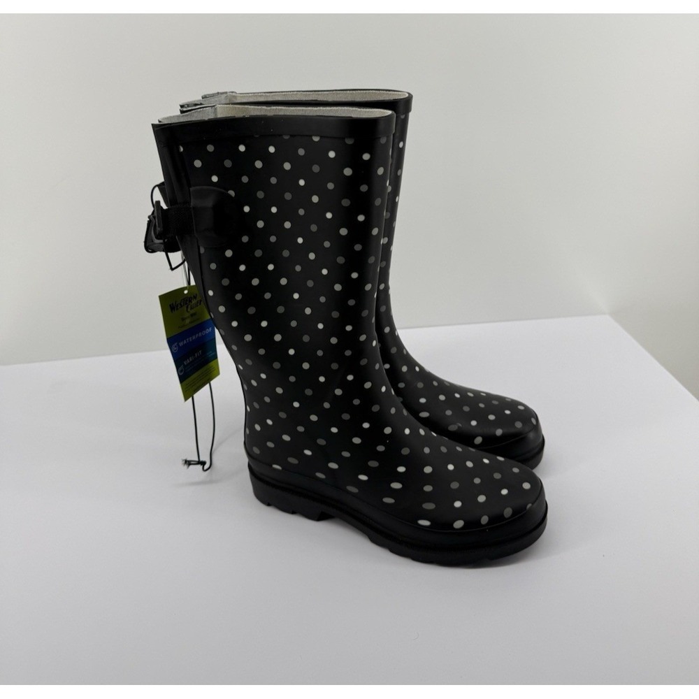Western Chief Womens Simple Dot Vari-Fit Black Polka Dot Rain Boots Size 6